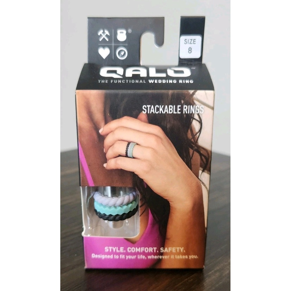 Qalo Stackable Silicone Wedding Rings Size 8-‎ Black, lavender and aqua